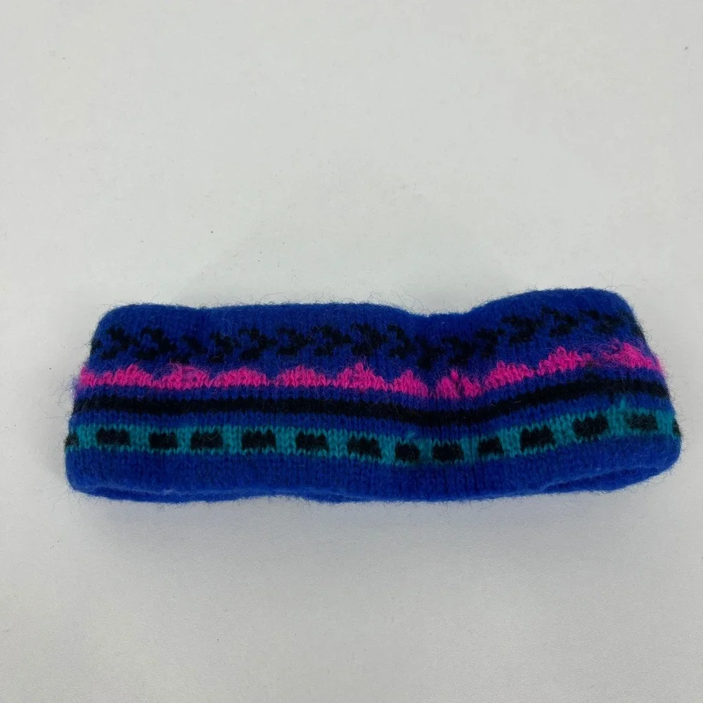 Smiley Womens Blue Wool Knit Fair Isle Winter Headband Ear Warmer Made in USA